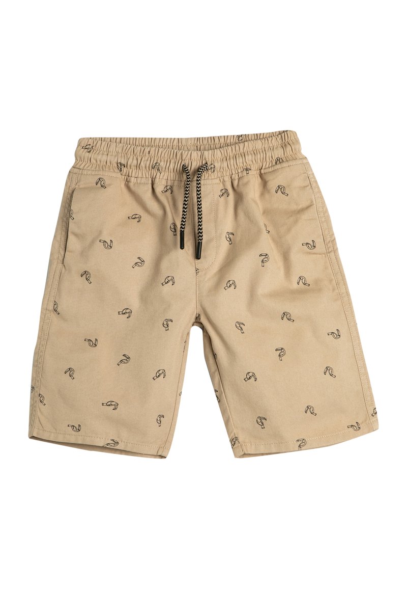 Shorts beiges en coton avec une taille élastique et un cordon de serrage noir. Présente un motif de crevettes noires répété sur l'ensemble.