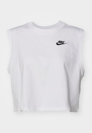 Camiseta sin mangas recortada blanca de algodón, con un logo negro de Nike en el pecho, con cuello redondo y textura suave.