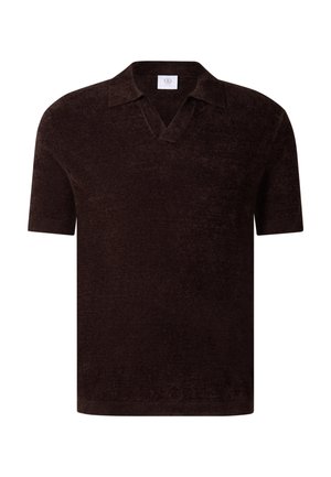 Korte mouwen, donkerbruine polo van badstof met een V-hals en een klein logolabel aan de binnenkant van de hals.