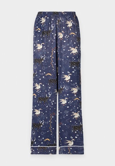Navy pajama pants with an elastic waistband, featuring a whimsical pattern of unicorns, constellations, and celestial elements in colorful hues.