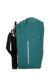 Borsa a messaggero verde impermeabile con chiusura a roll-top, tracolla nera regolabile e dettaglio riflettente sul lato per una maggiore visibilità.