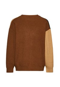 Maglione in maglia a coste marrone con accenti beige e neri sulle maniche, presenta un colletto rotondo e una vestibilità ampia. La vista posteriore mostra un design a blocchi di colore.