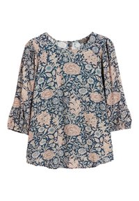 Top con stampa floreale in blu scuro con fiori rosa e blu, scollatura rotonda e maniche a sbuffo a tre quarti con polsini elasticizzati. Tessuto morbido.