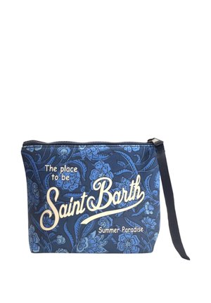 Portamonete da polso floreale blu con cerniera, testo stampato "The place to be Saint Barth Summer Paradise," e cinturino nero attaccato su sfondo bianco.