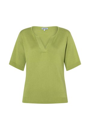 Lichtgroen gebreid topje met korte mouwen, een V-vormige inkeping bij de halslijn en geribbelde boorden aan de mouwen en zoom, met het label "MORE & MORE" bij de kraag.