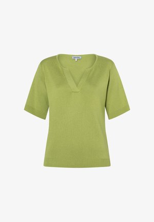 Hellgrünes kurzärmeliges Stricktop mit V-förmigem Ausschnitt und gerippten Bündchen sowie Saum, am Kragen mit der Aufschrift "MORE & MORE" versehen.