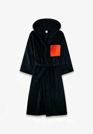 Black hooded bathrobe with a tied belt and a bright orange square pocket on the left chest area.