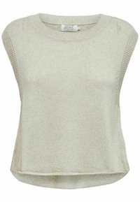 Ärmelloses, hellbeiges Stricktop mit Rundhalsausschnitt, strukturiertem Stoff und weitem Schnitt, mit geradem Saum und minimaler Ausstattung.