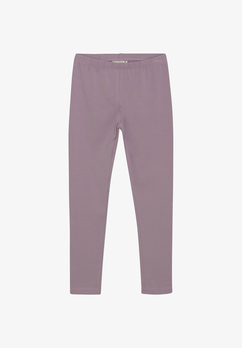 Paarse legging gemaakt van zachte, rekbare stof. Heeft een aansluitend ontwerp met een elastische tailleband en geen zichtbare hardware of patronen.