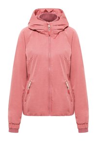 Rosa zip-hoodie med texturerad yta, huva och raglanärmar. Har två framfickor med dragkedja och elastiska muddar.