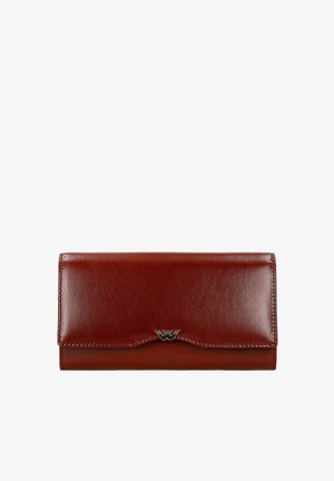 Brown leather wallet with a smooth texture, rectangular shape, and contrasting stitching. Features a silver logo accent on the front.