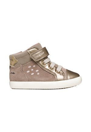 Children's high-top sneaker in beige and metallic gold with white sole, hook-and-loop strap, laces, and small decorative dots and patch on the side.