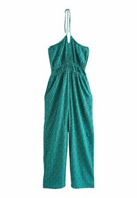 Combinaison sans manches bleu sarcelle avec col halter, taille élastique, jambes larges et petit motif géométrique foncé sur toute la surface.