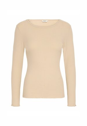 Beige pitkähihaista ribbipaitaa, jossa on pyöreä pääntie. Ominaisuuksiin kuuluu tiukka malli ja hieman purkautuvat saumat hihoissa ja helmassa.