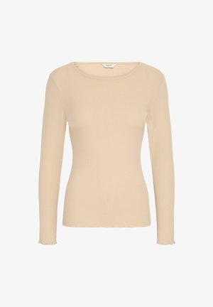 Beige pitkähihaista ribbipaitaa, jossa on pyöreä pääntie. Ominaisuuksiin kuuluu tiukka malli ja hieman purkautuvat saumat hihoissa ja helmassa.