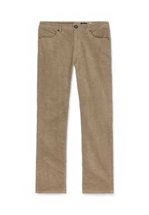 Beige corduroy broek met een rechte pijp, voorzien van twee voorzakken, een subtiele textuur en een knoopsluiting.