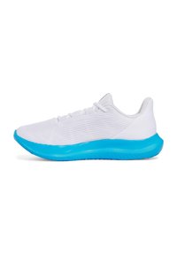 Weiße Sportschuhe mit strukturiertem Obermaterial und blauer Gummisohle. Mit Schnürsenkeln und abgerundetem Zehenbereich. Entworfen für Komfort und Unterstützung.