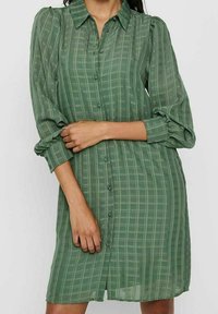 Vihreä ruudullinen mekko, jossa on napitettava etuosa, kaulus ja puffihihat. Valmistettu kevyestä, puoliksi läpinäkyvästä kankaasta.