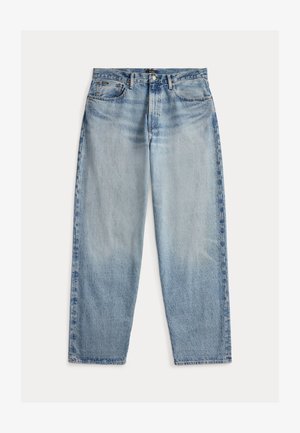 Vaaleansiniset rentoistukkaiset farkut. Niissä on korkea vyötärö, viisi taskua ja näkyvät saumat. Pinta on hieman teksturoitu.