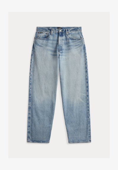 Svetlo modre denim hlače z udobnim krojem. Imajo visok pas, pet žepov in vidne šive. Površina je rahlo teksturirana.