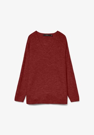 Červený žebrovaný pletený svetr s dlouhými rukávy, výstřihem do V a volným střihem. Má boční rozparky na lemu pro větší pohodlí.