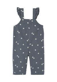 Grauer Kleinkinder-Jumpsuit mit weißen Gänseblümchen-Prints, Rüschen-Schulterträgern und quadratischem Ausschnitt.