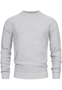 Pull en tricot gris avec un motif texturé, col rond et poignets et ourlet côtelés. Fabriqué en matériau doux et respirant.