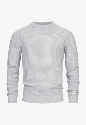 Pull en tricot gris avec un motif texturé, col rond et poignets et ourlet côtelés. Fabriqué en matériau doux et respirant.