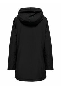 Crna kapuljača jakna s mekom vanjštinom, ravnog kroja i skrivenim šavovima. Ima jednostavan, neukrašen dizajn na leđima.