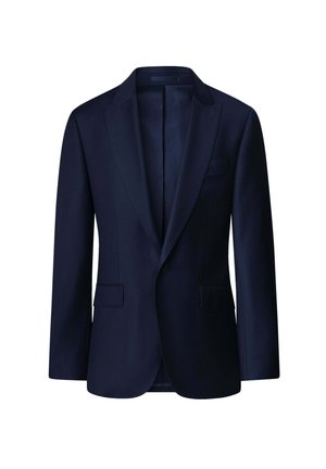 Laivansinis takki, jossa on teräväkaulukset, kaksi etutaskua ja yhden napin kiinnitys. Mukautettu malli, jossa on sileä pinta ja vuorattu sisustus.