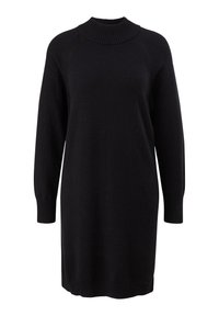 Schwarzes langärmeliges Strickkleid mit geripptem hohen Kragen, Bündchen und Saum. Einfaches, gemütliches Design, das sich für kühlere Temperaturen eignet.