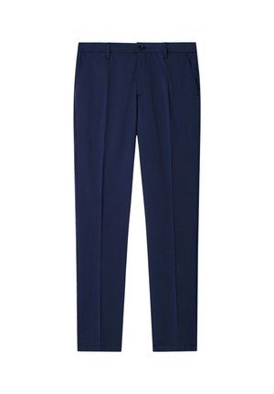 Pantaloni dritti blu navy con chiusura a bottoni, tasche laterali, passanti per cintura e design a fronte piatta.