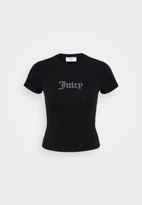Black fitted t-shirt made from cotton featuring short raglan sleeves, a rounded neckline, and silver rhinestone "Juicy" logo on the front.