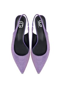 Purple slingback heels with pointed toes, adorned with rhinestones. Sleek black insoles and contrasting lilac accents.