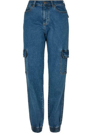 Denim cargo-byxor i medelblått med elastiska fållar, två sidofickor och två fickor med lock på låren. Klassiska sömnadsdetaljer.