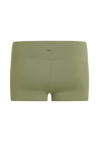 Boxer briefs vert olive en tissu lisse et extensible ; dotés d'une large ceinture élastique et sans coutures visibles pour une apparence épurée.