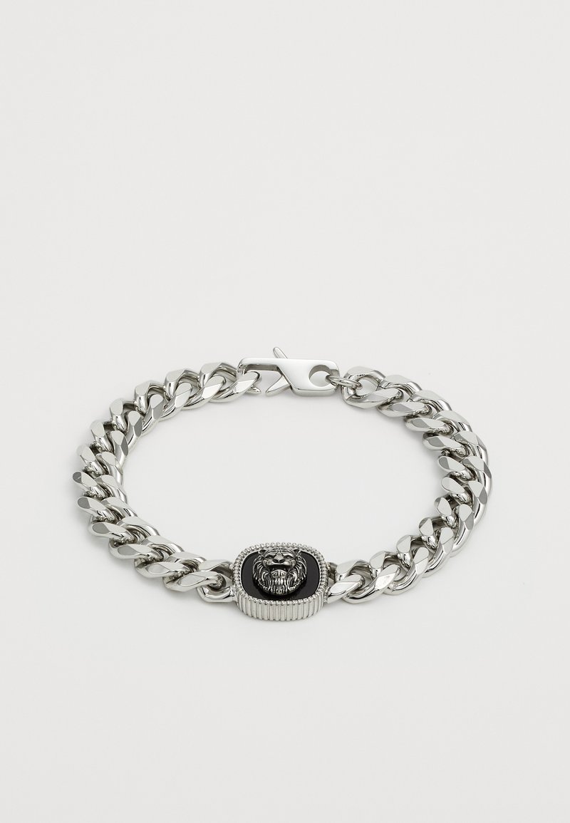Silver chain bracelet featuring a black lion emblem accent. The links are smooth and polished, with a secure clasp.