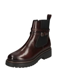 Braune Leder-Stiefelette mit elastischen Seitenpanelen, dekorativem Riemen mit Metallakzenten, strukturiertem Gummisohle und genähten Details.