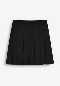 Jupe mini plissée noire avec une taille lisse et un tissu doux. Présente des plis uniformément espacés pour une apparence structurée.