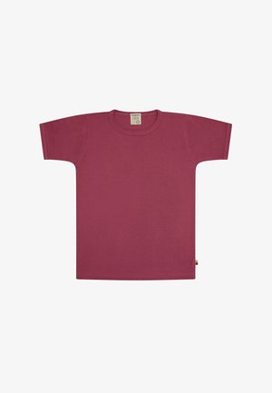 Bordeauxfarbiges T-Shirt aus weichem Stoff mit kurzen Ärmeln und rundem Ausschnitt. Hat ein Logetikett auf der linken Unterseite.