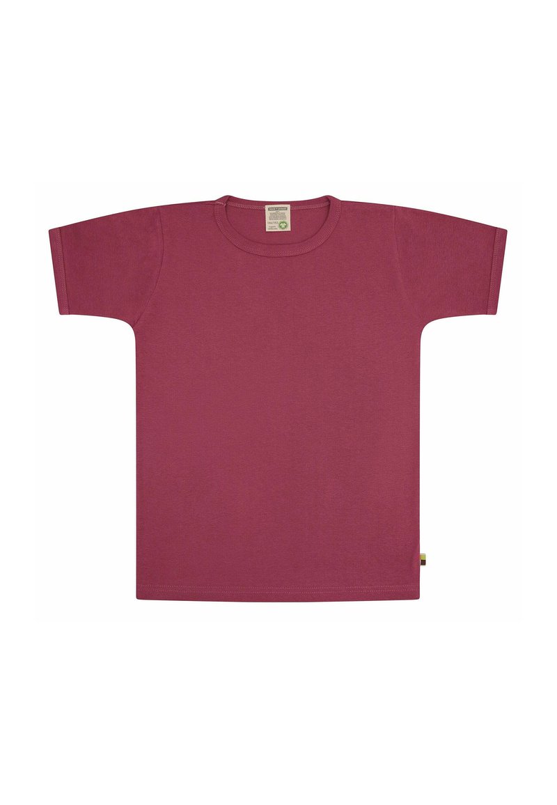 Bordeaux T-shirt van zacht materiaal, met korte mouwen en een ronde hals. Heeft een logolabel aan de onderkant aan de linkerkant.