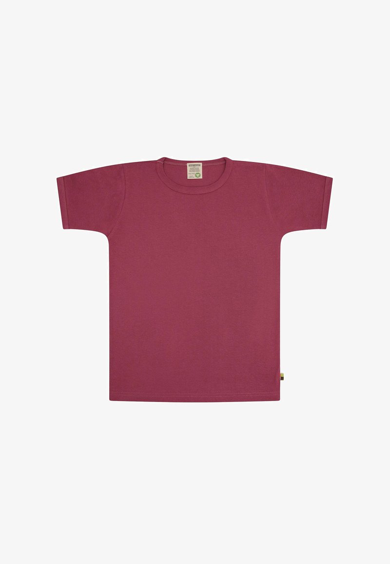 T-shirt color borgogna realizzata in tessuto morbido, con maniche corte e colletto rotondo. Presenta un'etichetta con il logo sul lato sinistro in basso.