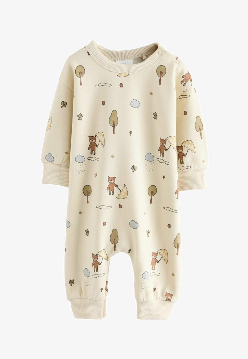 Beige Baumwolloverall mit cartoonhaften Bären, die Regenschirme und Bäume halten, akzentuiert durch Wolken und Blätter in gedämpften Farben. Weicher Stoff, gerippte Bündchen.