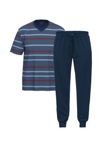 Katoenen pyjama set: marineblauw V-hals shirt met horizontale strepen in blauw en rood, gecombineerd met bijpassende marineblauwe broek met elastische boorden.