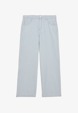 Pantalones de pierna ancha a rayas azules y blancas, hechos de algodón. Presentan un cierre de botón, bolsillos frontales y un dobladillo limpio.