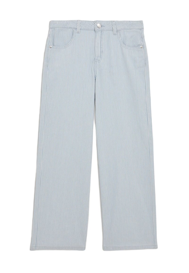 Pantalons larges à rayures bleues et blanches en coton. Dotés d'une fermeture à bouton, de poches avant et d'un ourlet soigné.