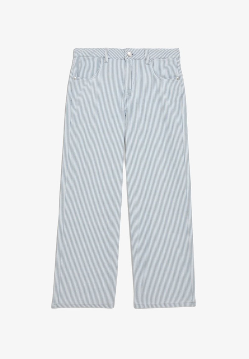 Pantalones de pierna ancha a rayas azules y blancas, hechos de algodón. Presentan un cierre de botón, bolsillos frontales y un dobladillo limpio.