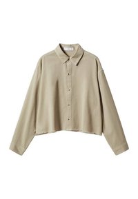 Maglietta cropped a maniche lunghe in tessuto beige chiaro con chiusura a bottoni, colletto a punte e dettagli con orlo grezzo.