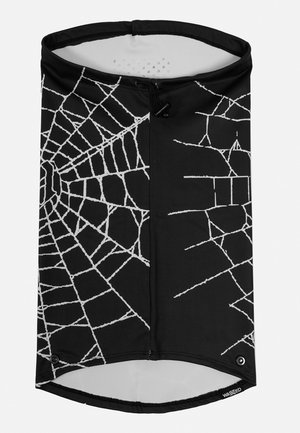 A fekete textil nyakgaiter fehér pókháló mintával, varrás nélküli kialakítással és húzózsinórral rendelkezik a tetején; a felülete sima.