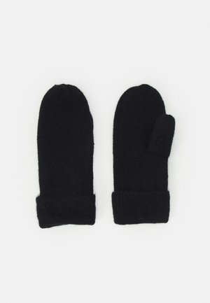 Black wool mittens featuring a soft texture, elongated shape, and ribbed cuffs, with one mitten displaying a thumb opening.
